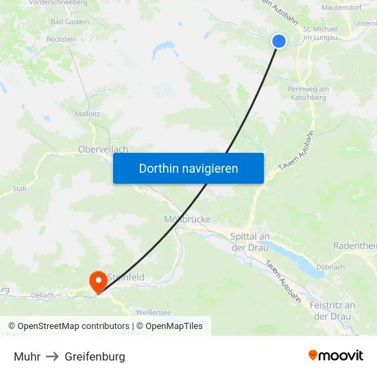 Muhr to Greifenburg map