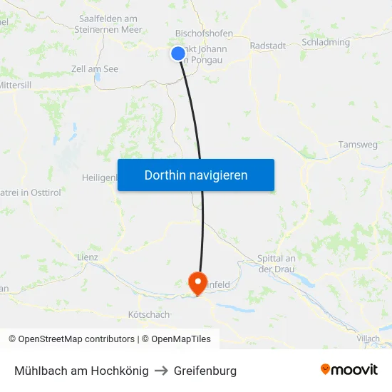 Mühlbach am Hochkönig to Greifenburg map