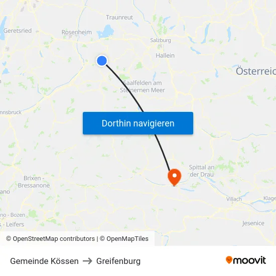 Gemeinde Kössen to Greifenburg map