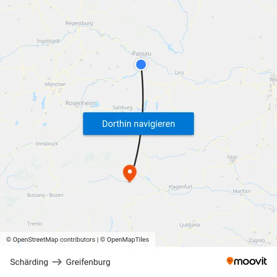 Schärding to Greifenburg map