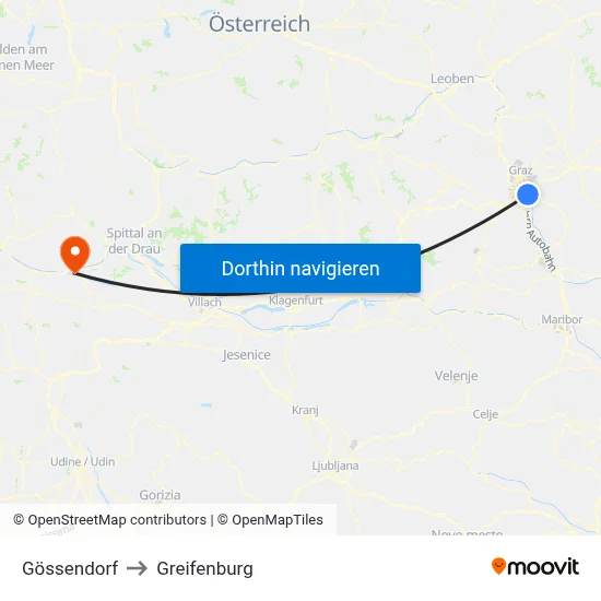 Gössendorf to Greifenburg map