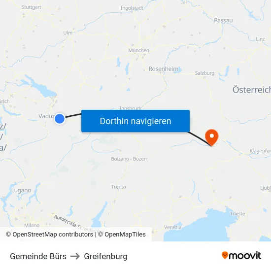 Gemeinde Bürs to Greifenburg map