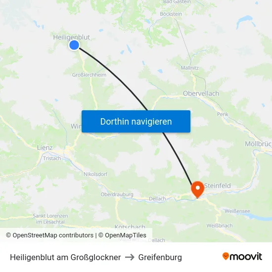 Heiligenblut am Großglockner to Greifenburg map