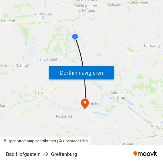 Bad Hofgastein to Greifenburg map
