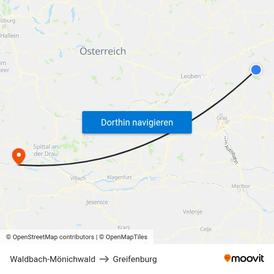 Waldbach-Mönichwald to Greifenburg map