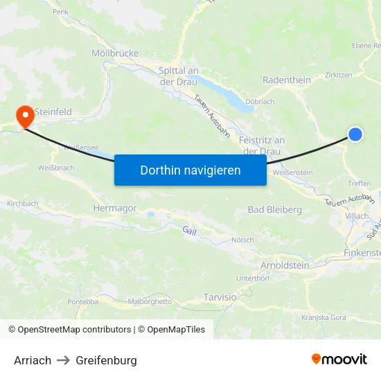 Arriach to Greifenburg map