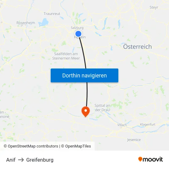 Anif to Greifenburg map