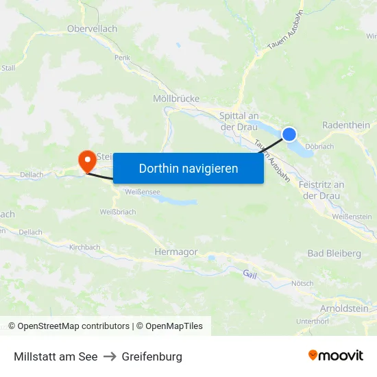 Millstatt am See to Greifenburg map