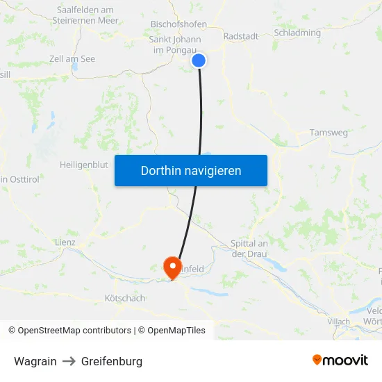 Wagrain to Greifenburg map