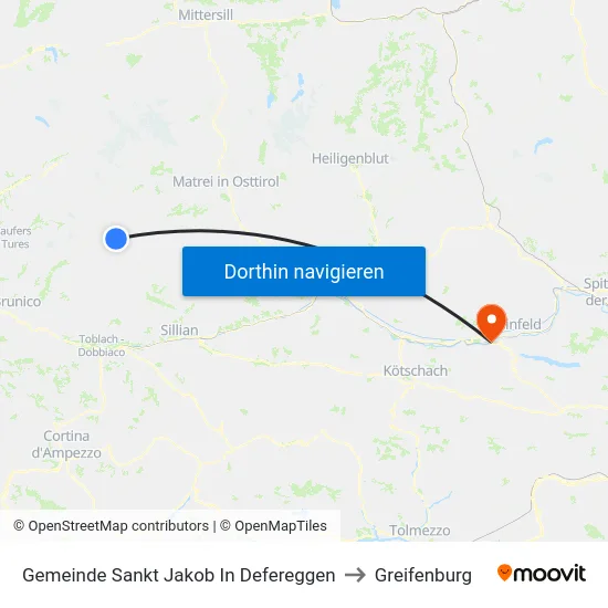Gemeinde Sankt Jakob In Defereggen to Greifenburg map