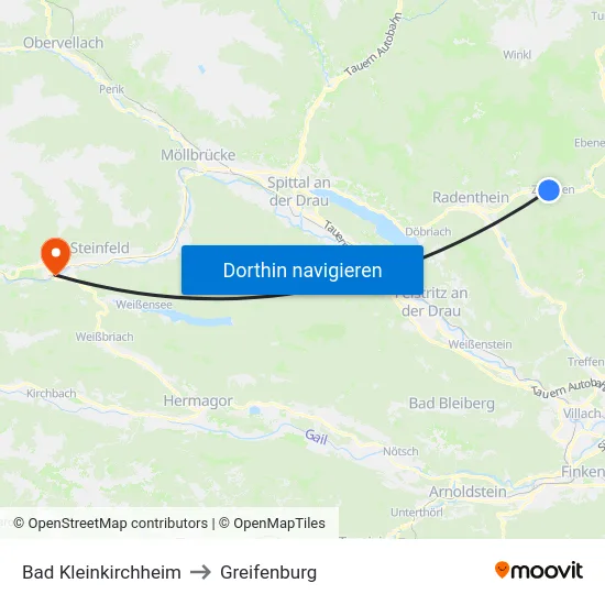 Bad Kleinkirchheim to Greifenburg map