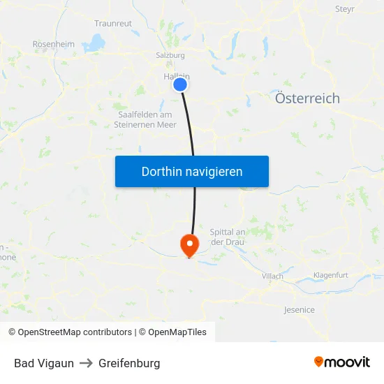 Bad Vigaun to Greifenburg map