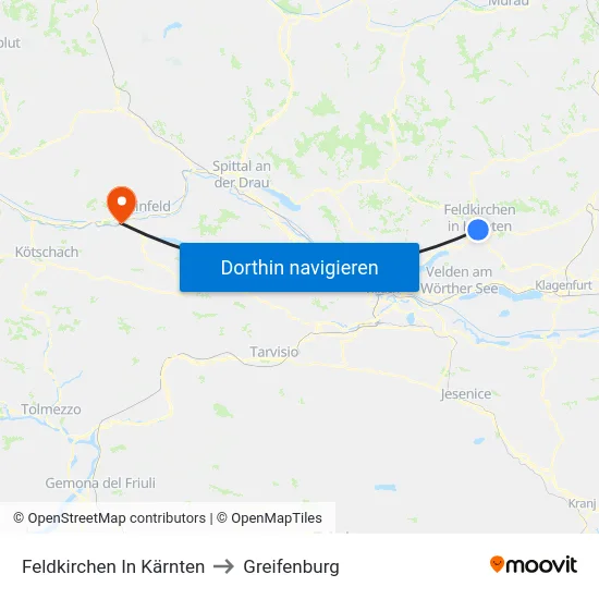 Feldkirchen In Kärnten to Greifenburg map