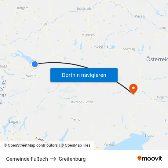 Gemeinde Fußach to Greifenburg map