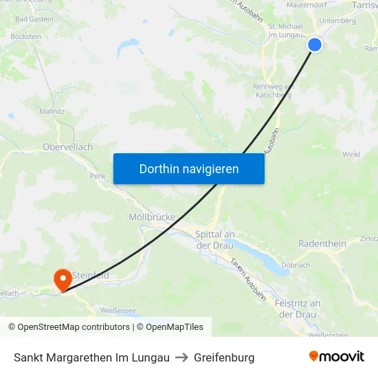 Sankt Margarethen Im Lungau to Greifenburg map
