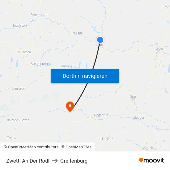 Zwettl An Der Rodl to Greifenburg map