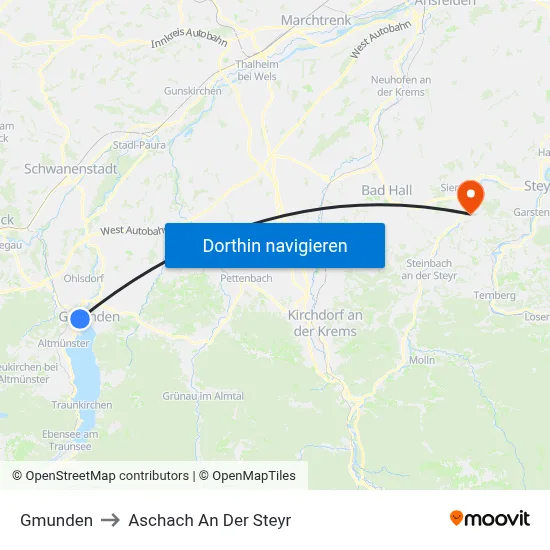 Gmunden to Aschach An Der Steyr map