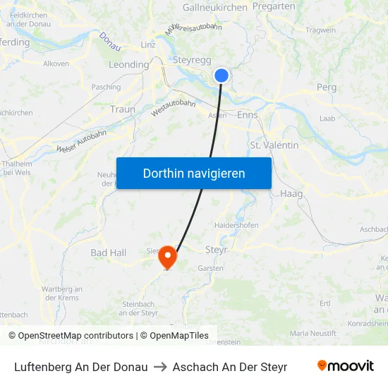 Luftenberg An Der Donau to Aschach An Der Steyr map