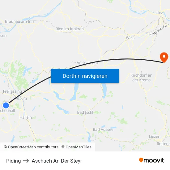 Piding to Aschach An Der Steyr map