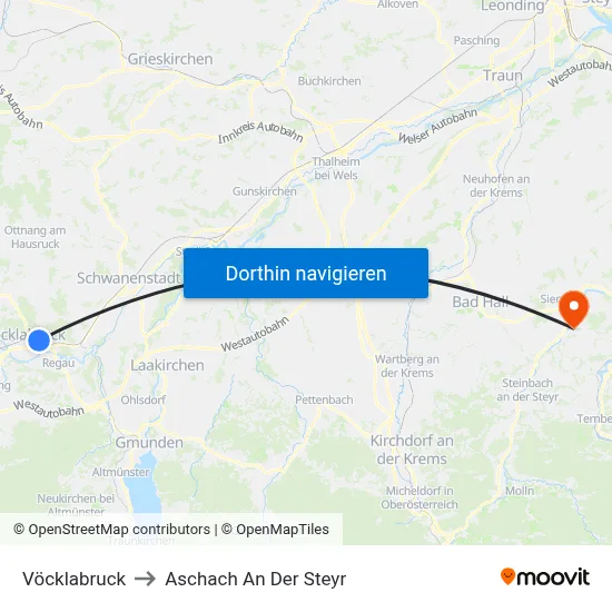 Vöcklabruck to Aschach An Der Steyr map