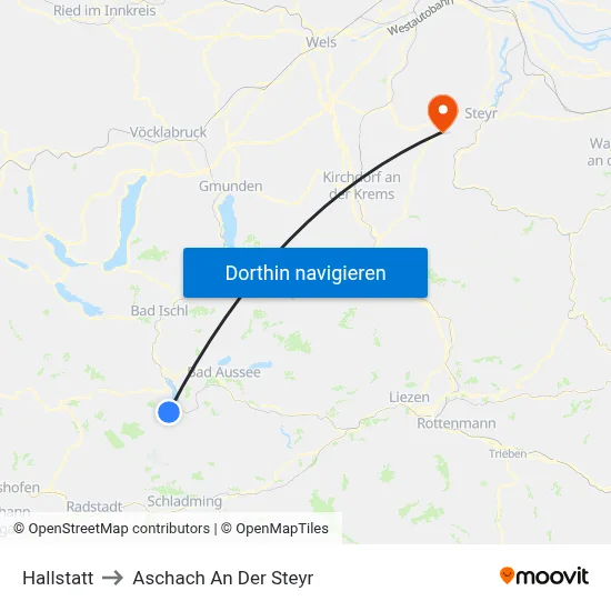 Hallstatt to Aschach An Der Steyr map