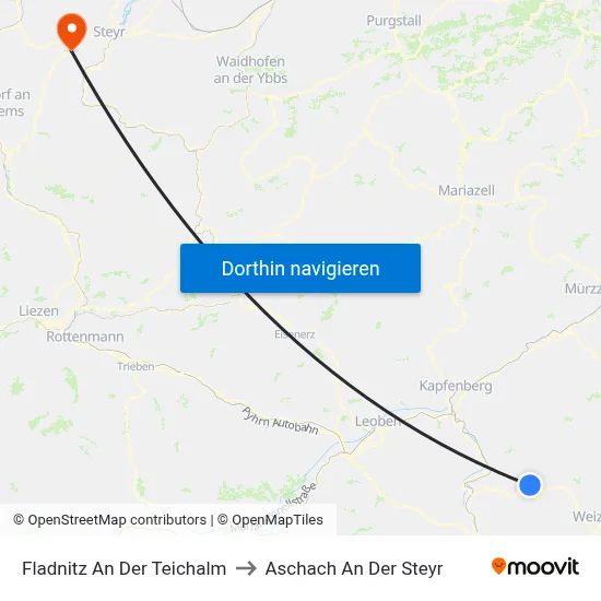 Fladnitz An Der Teichalm to Aschach An Der Steyr map
