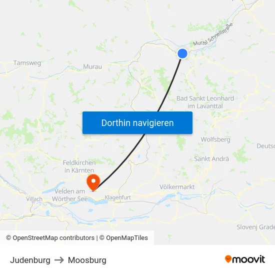 Judenburg to Moosburg map