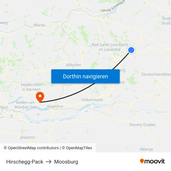Hirschegg-Pack to Moosburg map