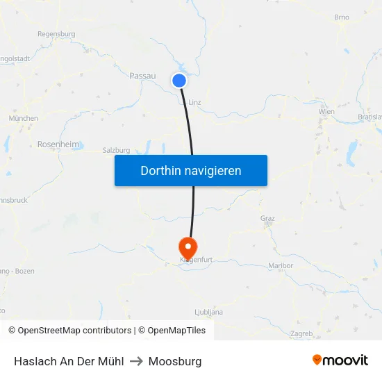 Haslach An Der Mühl to Moosburg map