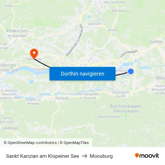 Sankt Kanzian am Klopeiner See to Moosburg map