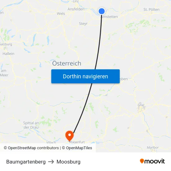 Baumgartenberg to Moosburg map