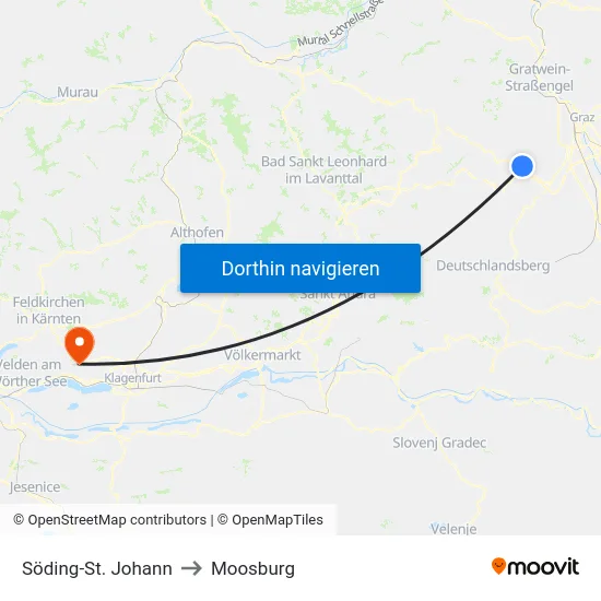 Söding-St. Johann to Moosburg map