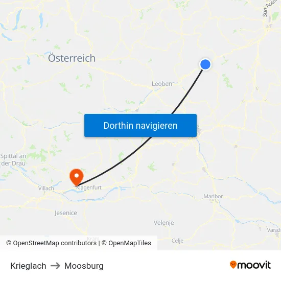 Krieglach to Moosburg map