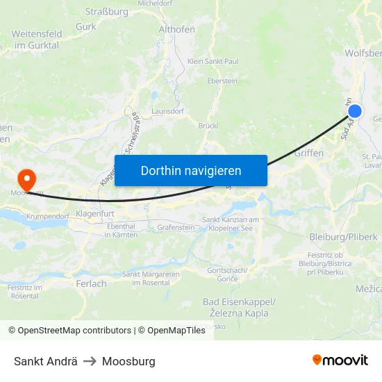 Sankt Andrä to Moosburg map