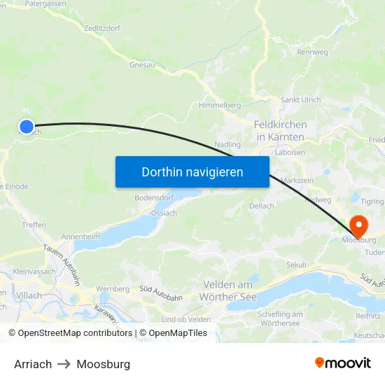 Arriach to Moosburg map