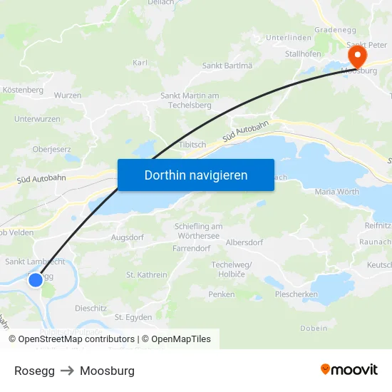 Rosegg to Moosburg map