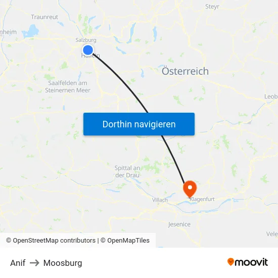 Anif to Moosburg map