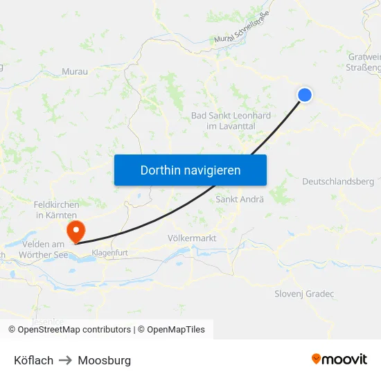 Köflach to Moosburg map