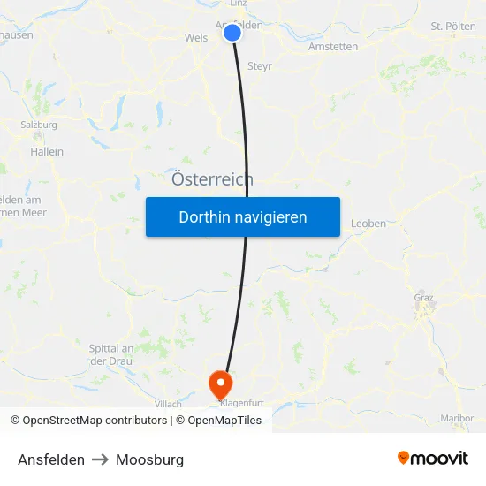 Ansfelden to Moosburg map