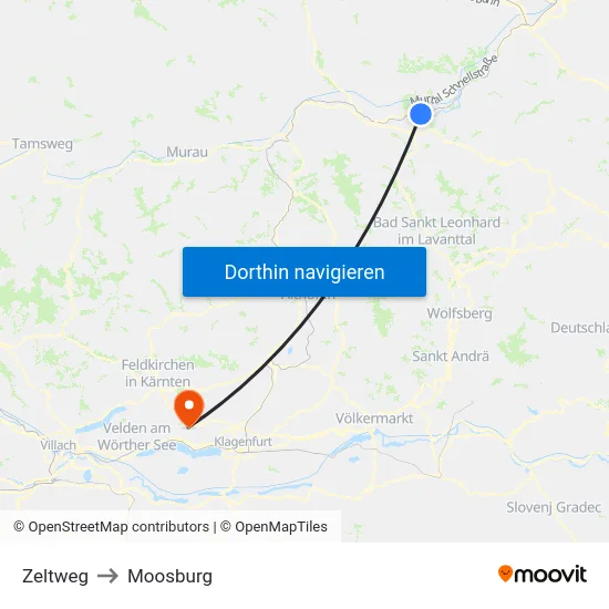 Zeltweg to Moosburg map