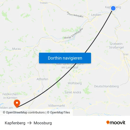Kapfenberg to Moosburg map
