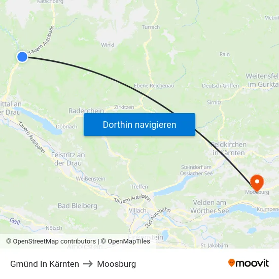 Gmünd In Kärnten to Moosburg map