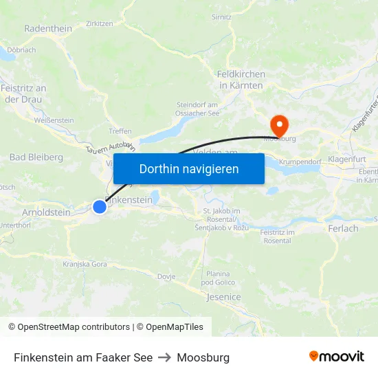 Finkenstein am Faaker See to Moosburg map