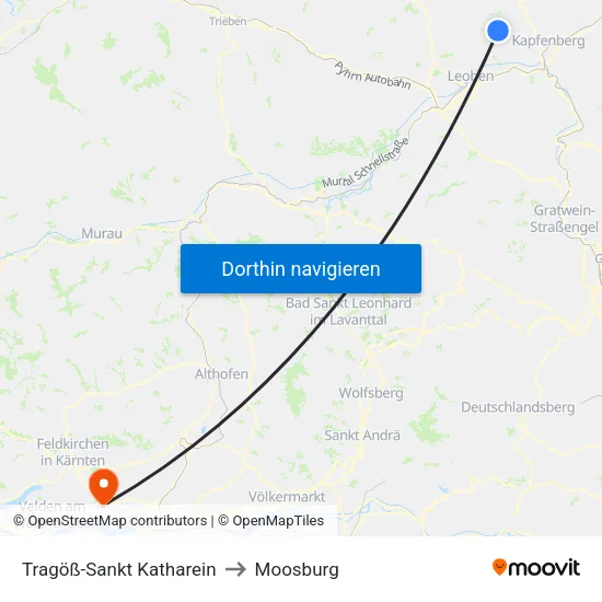 Tragöß-Sankt Katharein to Moosburg map