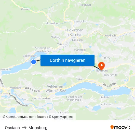 Ossiach to Moosburg map