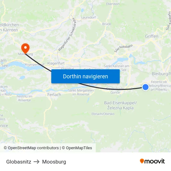 Globasnitz to Moosburg map