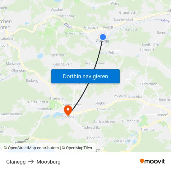 Glanegg to Moosburg map