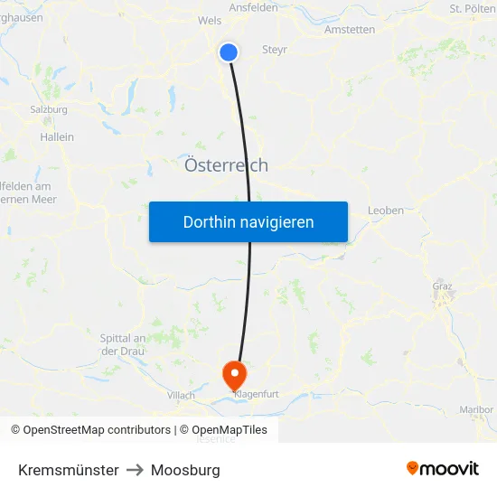 Kremsmünster to Moosburg map
