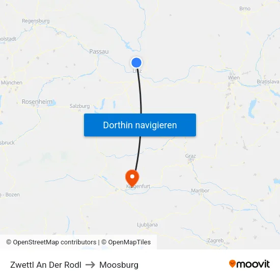 Zwettl An Der Rodl to Moosburg map
