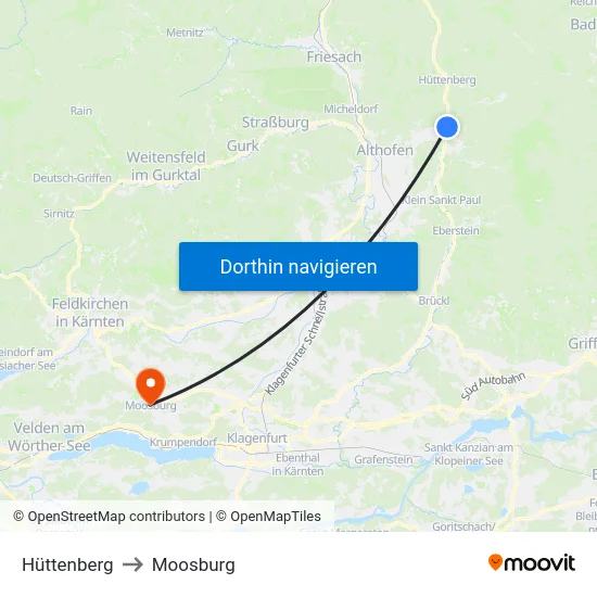 Hüttenberg to Moosburg map
